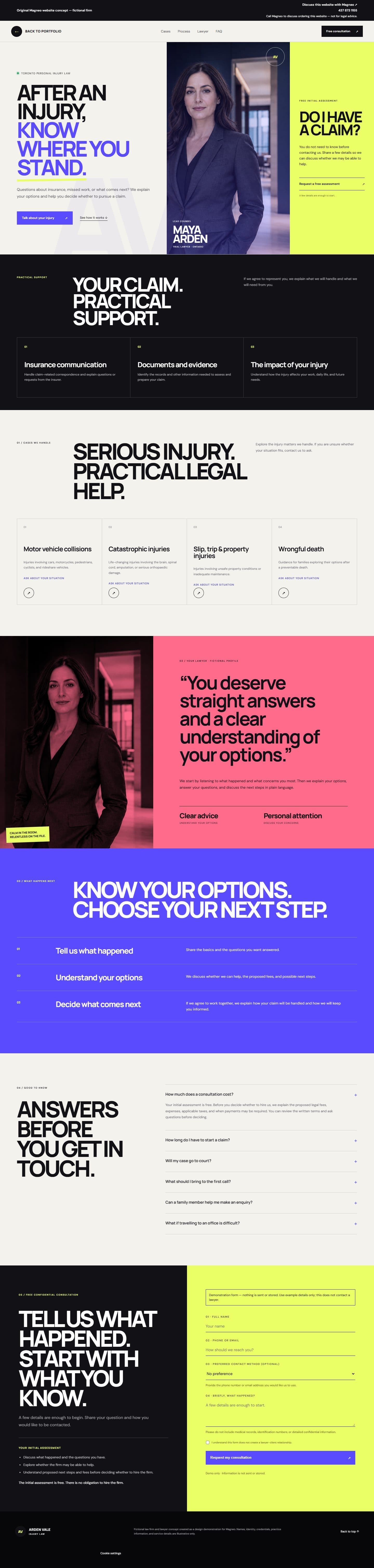 Desktop layout of the Arden Vale Injury Law website concept created for MAGNEO.