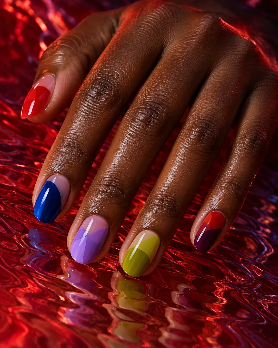 Glossy colour-block nails in red, cobalt, lilac, and chartreuse on a reflective red surface