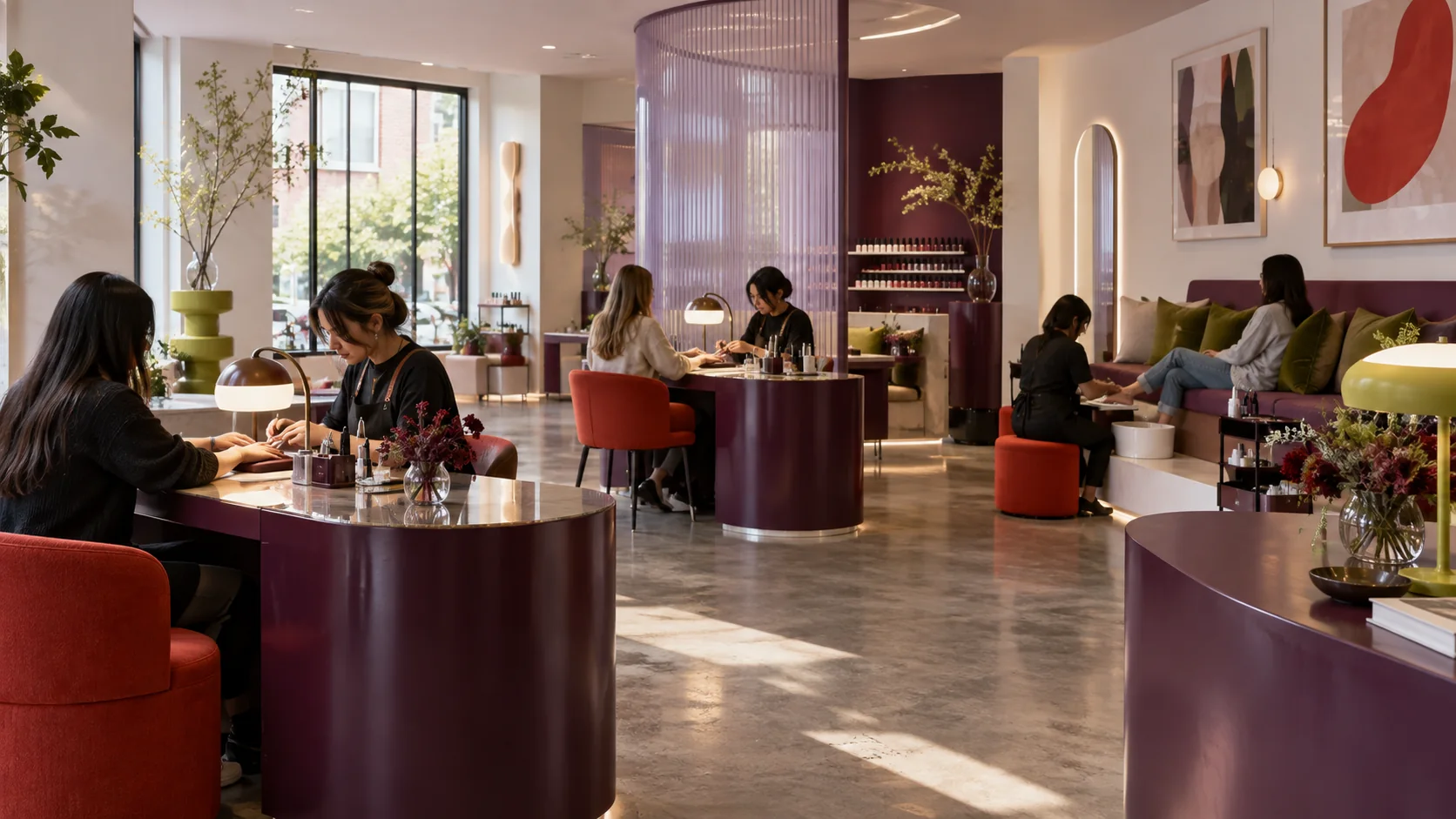 SET THEORY nail studio interior concept in plum, lilac, and red