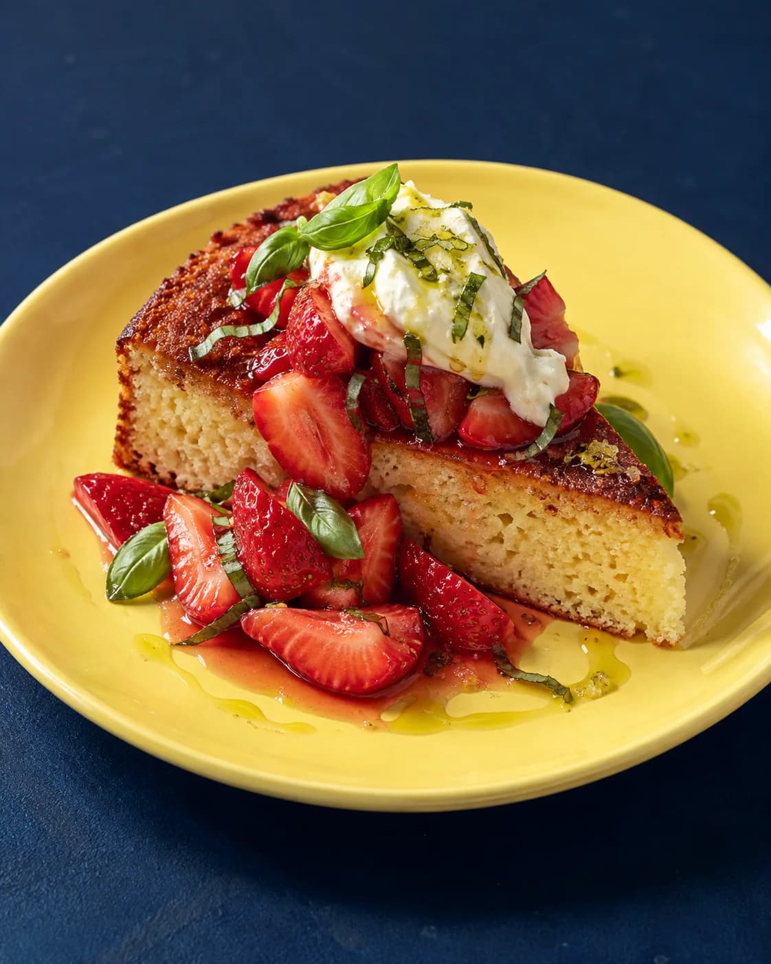 Strawberry olive-oil cake with mascarpone and basil