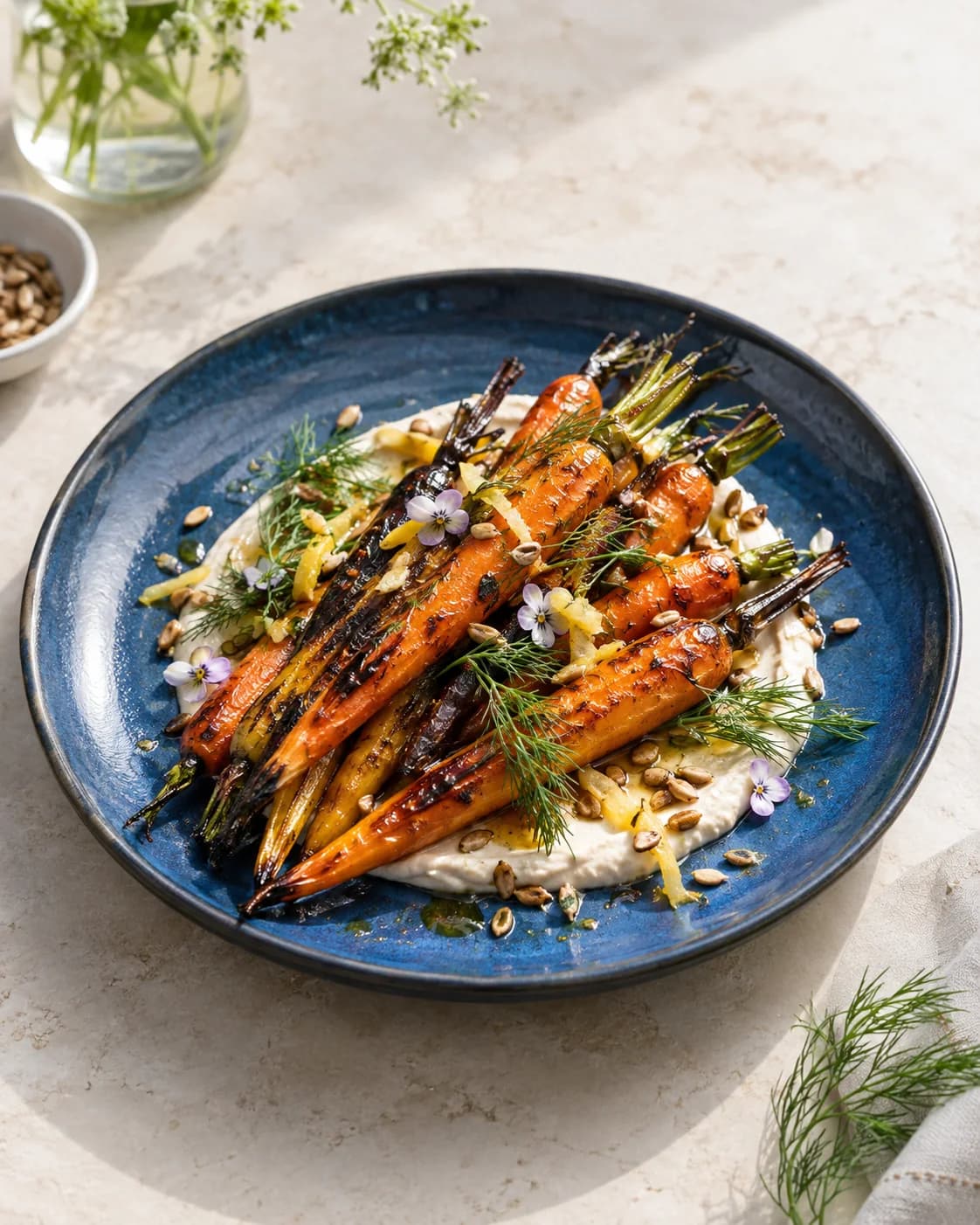 Maple-charred carrots presented as a restaurant signature dish