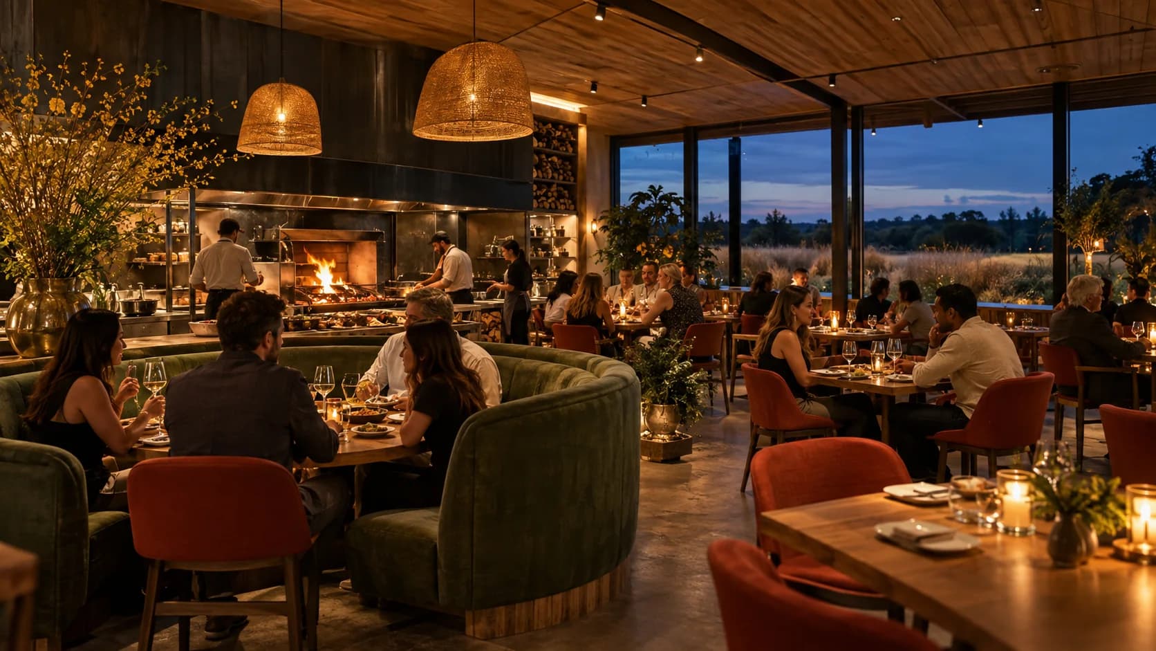 Warm Hearthline dining room concept with an open kitchen and evening atmosphere