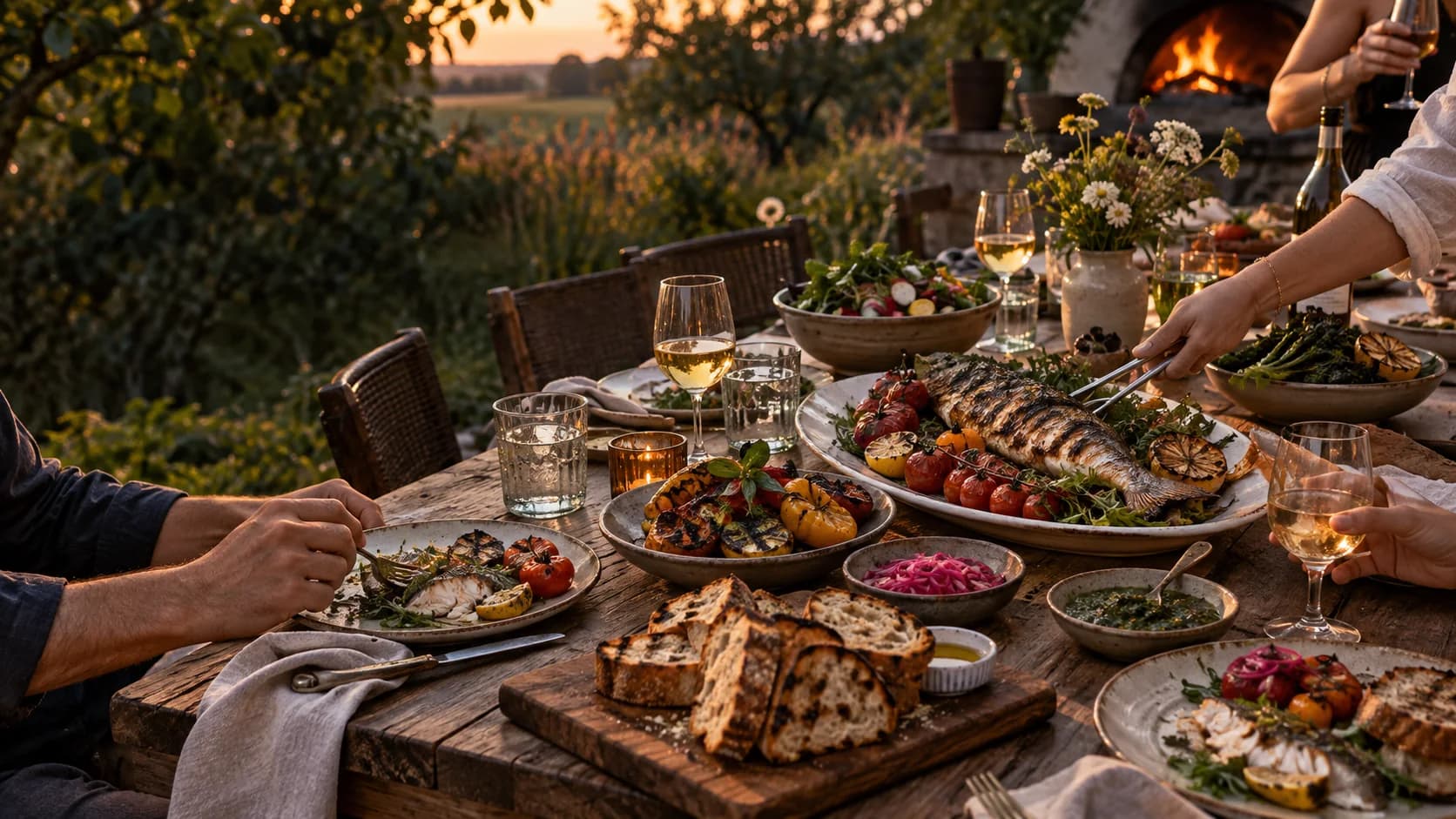 Hearthline restaurant concept hero with a shared outdoor table at sunset