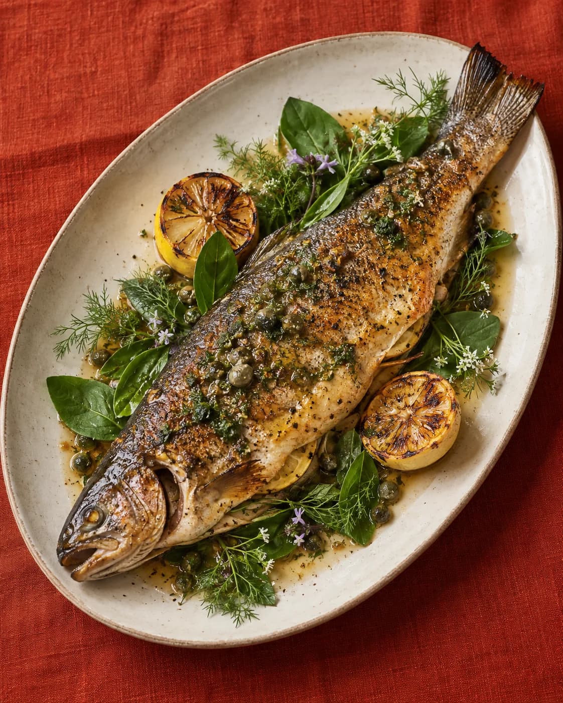Ember-roasted lake trout plated with herbs and lemon