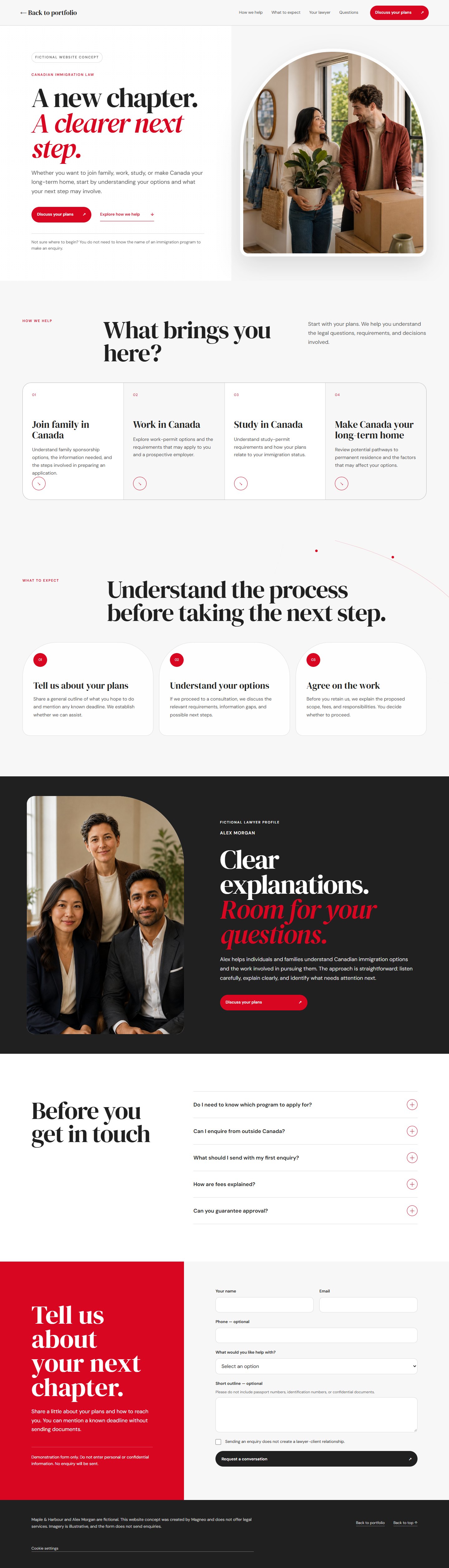 Desktop layout of the fictional Maple and Harbour Immigration Law website concept