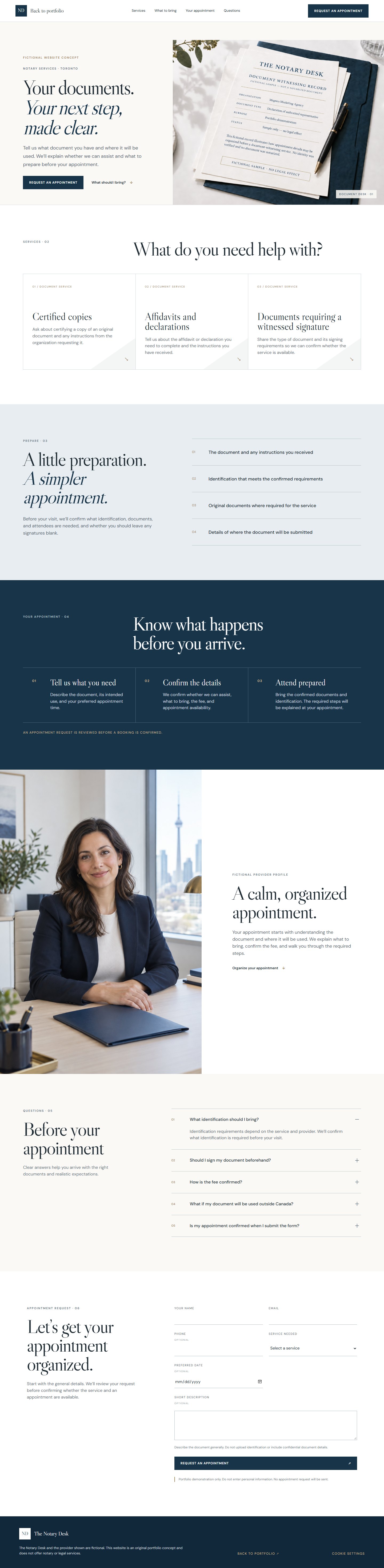 Desktop layout of The Notary Desk fictional website concept