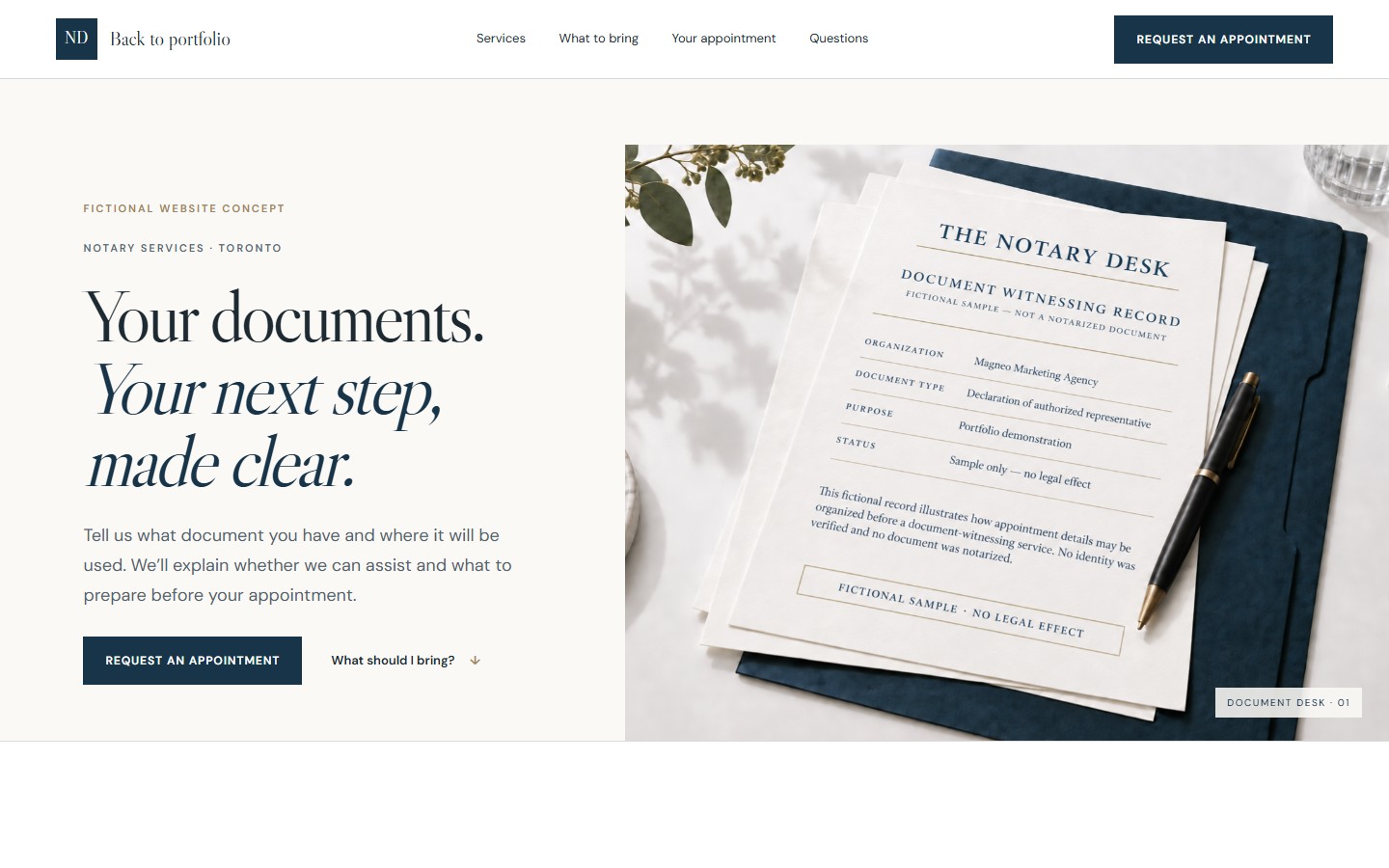Hero layout of The Notary Desk fictional website concept