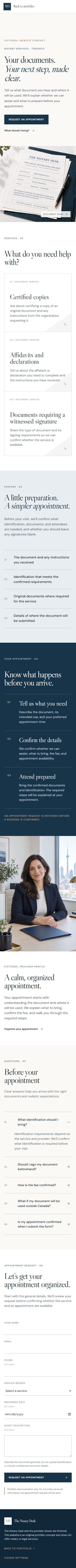 Mobile layout of The Notary Desk fictional website concept